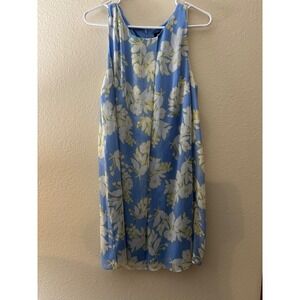 DKNY Blue Floral Sleeveless Pleated Shift Dress Womens Size 14 Knee Length A980